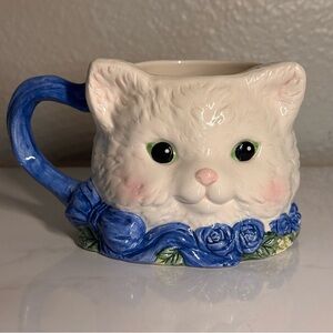 Cat Shaped Mug with Blue Handle and Floral Design - vintage Avon